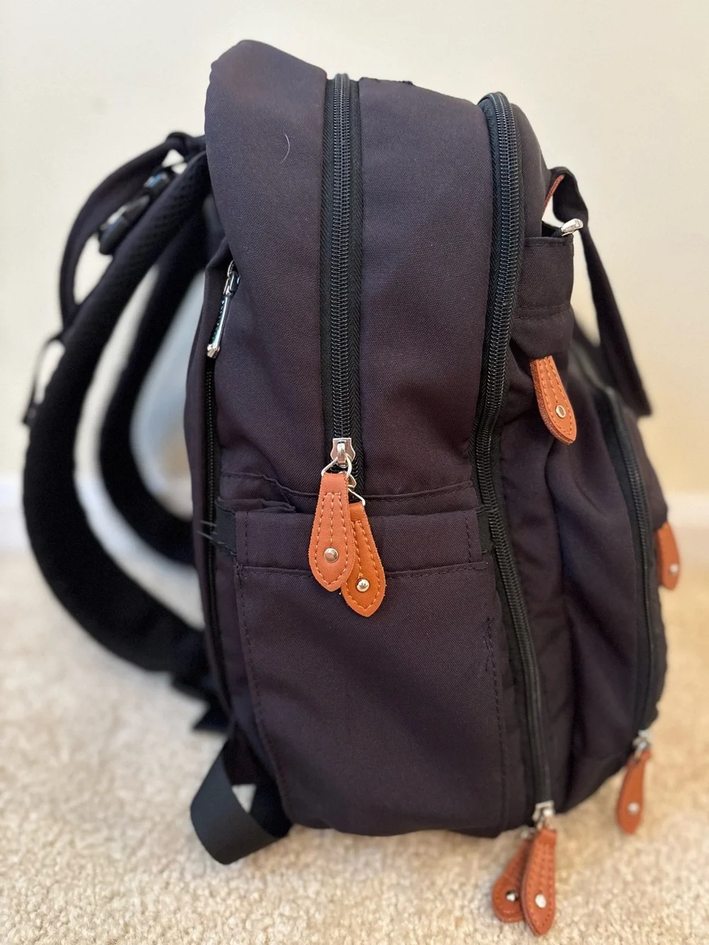 Quilted Black Baby Bag Backpack with Tan Accents